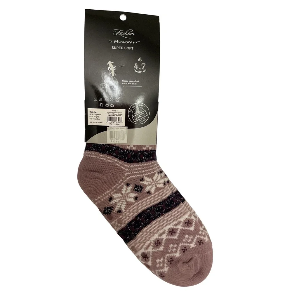 Fashion by Mirabeau‎ Thermal Knit Slipper Socks Mauve Snowflake Sparkle 4.7 TOG